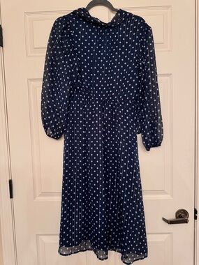 Sfera Navy Polka Dot Maxi Dress -Sheer Sleeves-Keyhole Back